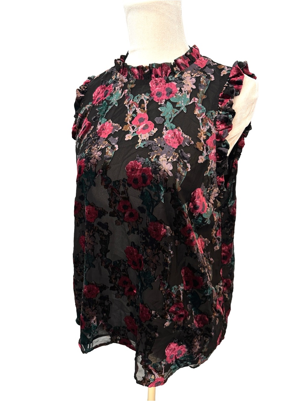 NWT Dalia Velvet Burnout Sheer Floral Ruffle-Trim Lined Sleeveless Blouse L